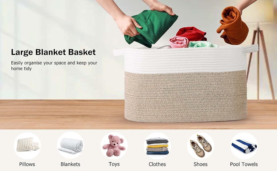 Large Cotton Rope Storage Basket – Foldable Laundry & Blanket Bin (55×38×30cm)