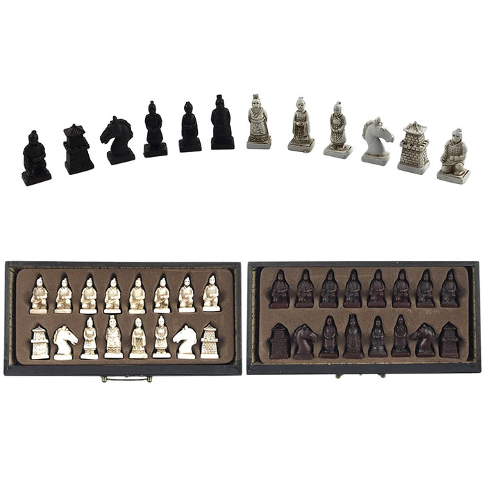 Retro Terracotta Warriors Chess Set — 26 cm Wooden Board with Resin Chessmen