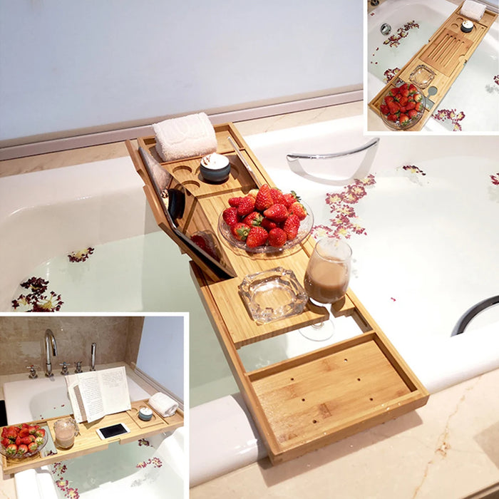 Bamboo Bathtub Caddy Tray – Extendable Spa Tray with Book, Wine and Tablet Holder