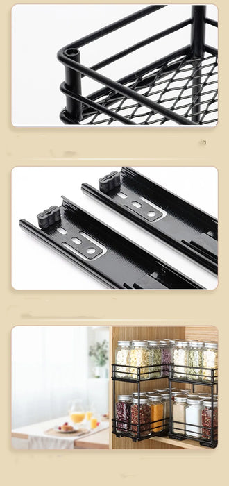 2-Tier Pull-Out Steel Spice Rack – Heavy-Duty Dual-Slide Cabinet Organiser