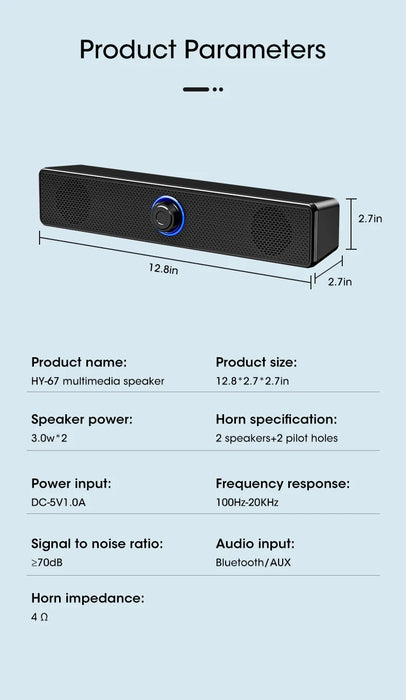 PC Soundbar with Bluetooth & Wired AUX — USB‑Powered Speaker for TV, Laptop & Gaming