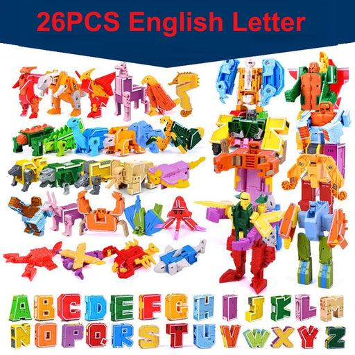 GUDI 26-piece A–Z Transforming Alphabet Robot & Dinosaur Building Block Toys