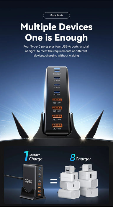 320W GaN 8‑Port Desktop Charger — 4×USB‑C & 4×USB‑A, 100W PD