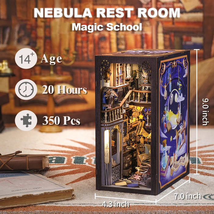 Book Nook Miniature Dollhouse Kit with Touch Light & Dust Cover — Nebula Common Room