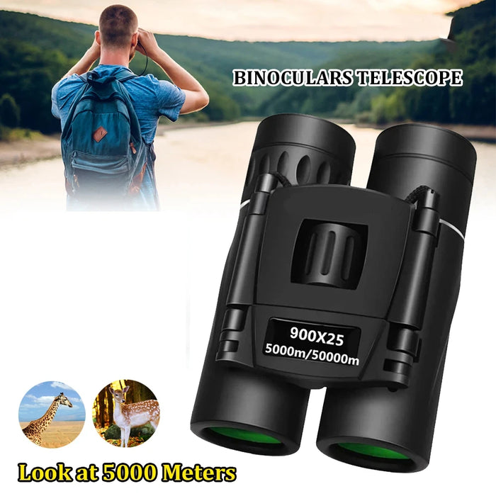 900x25 HD Zoom Portable Binoculars - 25mm BAK4 Prism, Folding Low-Light