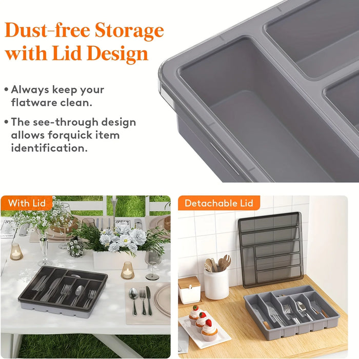 Covered Cutlery Organiser — 6-Compartment Silverware Tray with Washable Lid (PP)