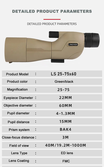 25–75x60 Spotting Scope — FMC BAK4 Optics, IPX6 Waterproof, Tripod & Phone Adapter