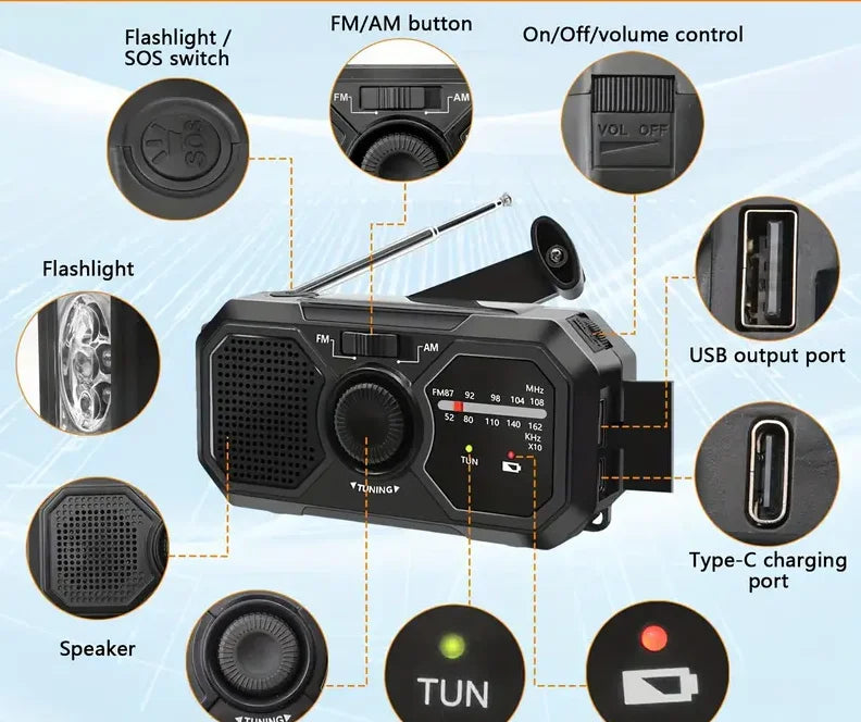 Portable Emergency Dynamo Radio with Crank, Torch & USB Phone Charger