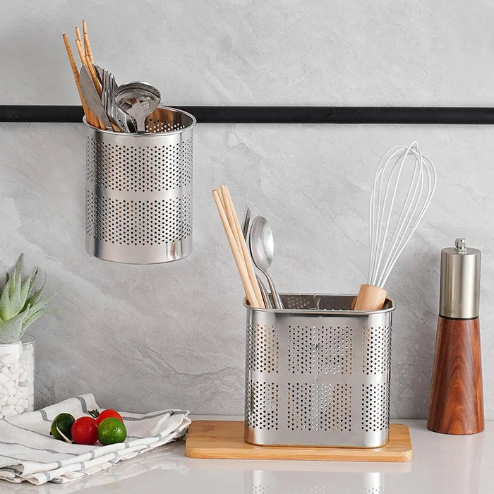 Stainless Steel Cutlery & Chopstick Drainer – 2-Compartment Utensil Holder with Hooks