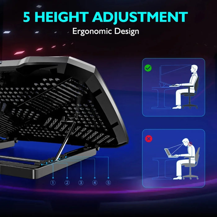 6-Fan Laptop Cooling Pad — 5-Level Adjustable Stand for 12–18-inch Laptops, Quiet USB Powered