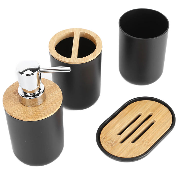 4-piece Bamboo-Accent Bathroom Set — Dispenser, Toothbrush Holder, Tumbler & Soap Dish