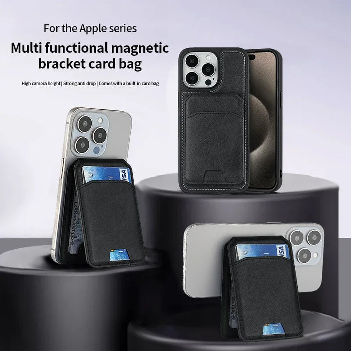 Magnetic PU Leather Wallet Phone Case — MagSafe Compatible with Card Pocket & Stand