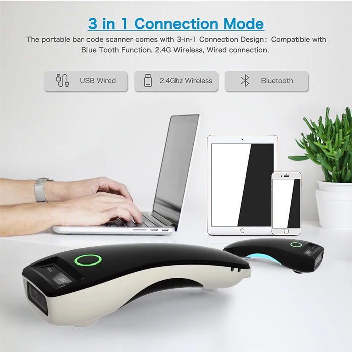 Mini Handheld 2D Barcode Scanner — Wireless (2.4G/Bluetooth) & USB, 1D/2D/QR/PDF417 with Storage