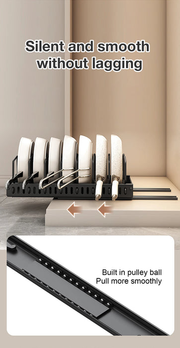 Under-Cabinet Pull-Out Pots & Pans Organiser — Sliding Tray with 8 Adjustable Dividers