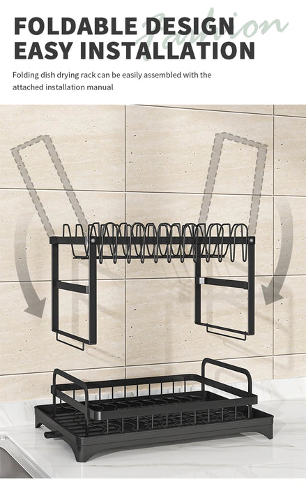 2-Tier Metal Dish Drainer with Draining Spout, Cutlery & Cup Holders