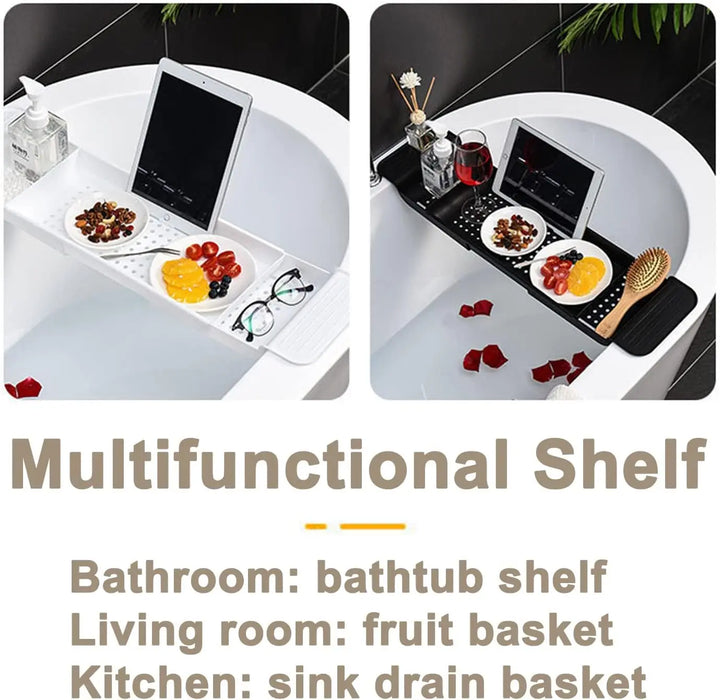 Expandable Drain Bath Shelf Caddy Tray — Plastic Bathtub Organiser (White/Black)
