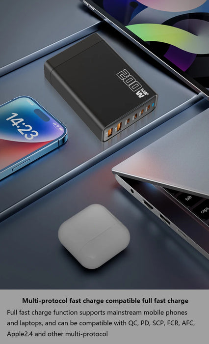 200W GaN 5‑Port USB‑C Fast Charger — Desktop Hub for MacBook Pro/Air & iPad Pro