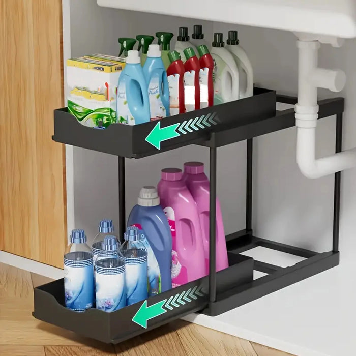 Double-Layer Pull-Out Storage Rack with 5 Hooks — PP Drawer Organiser for Kitchen & Bathroom