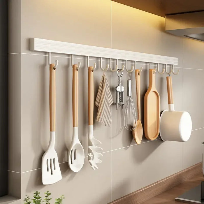 No-Punch Wall-Mounted Kitchen Rack with Movable Hook Spoon Holder — White Aluminium