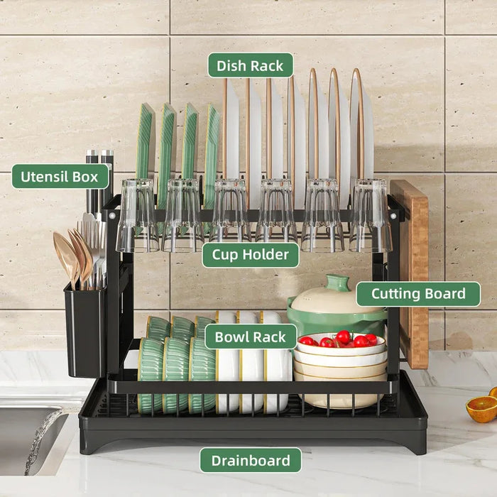 Stainless Steel 2-Tier Dish Rack — Fast-Drying & Stain-Free, Heavy-Duty Carbon Steel Frame