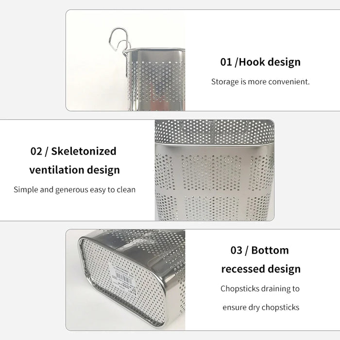 Stainless Steel Cutlery & Chopstick Drainer – 2-Compartment Utensil Holder with Hooks