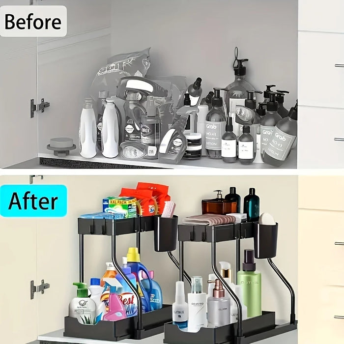 2-Tier Pull-Out Drawer Organiser — Foldable Plastic Storage for Kitchen & Bathroom