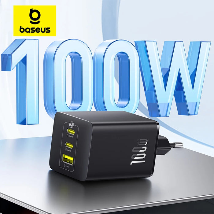 Baseus 100W GaN 3‑Port Fast Charger — 2x USB‑C + USB‑A, PD/QC/PPS