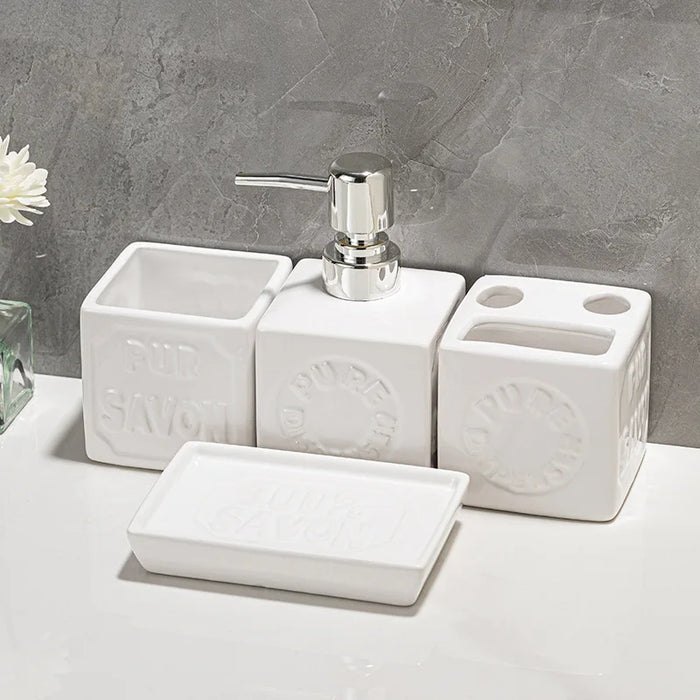 Ceramic 4-Piece Bathroom Organiser Set — Soap Dispenser, Lotion Bottle, Toothbrush Cup & Soap Dish