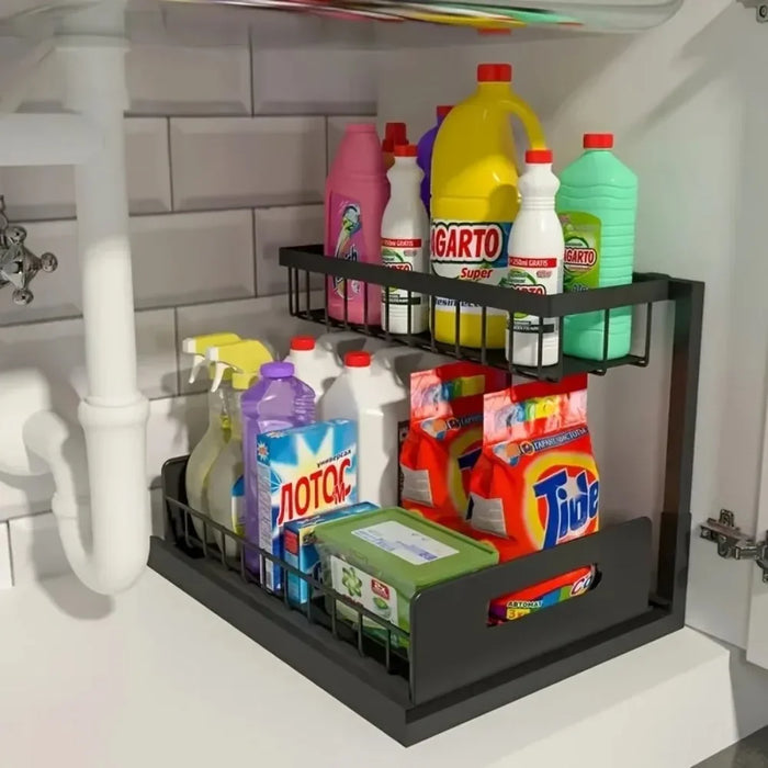 Double-Layer Sliding Under-Sink Shelf – Pull-Out Cabinet Storage for Kitchen & Bathroom