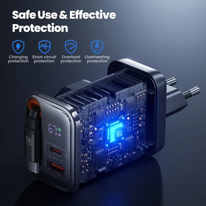 67W GaN Fast Charger with Retractable USB‑C Cable, PD3.0 & PPS, Digital Display (EU Plug) — for iPhone 17/16 & Samsung S25/S24