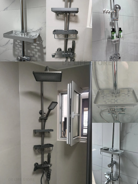 Punch-Free Shower Caddy (Single or Double) — Space Aluminium Shelf with Optional Towel Rail
