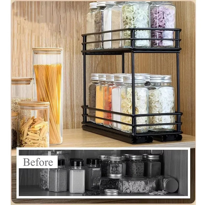 2-Tier Pull-Out Steel Spice Rack – Heavy-Duty Dual-Slide Cabinet Organiser