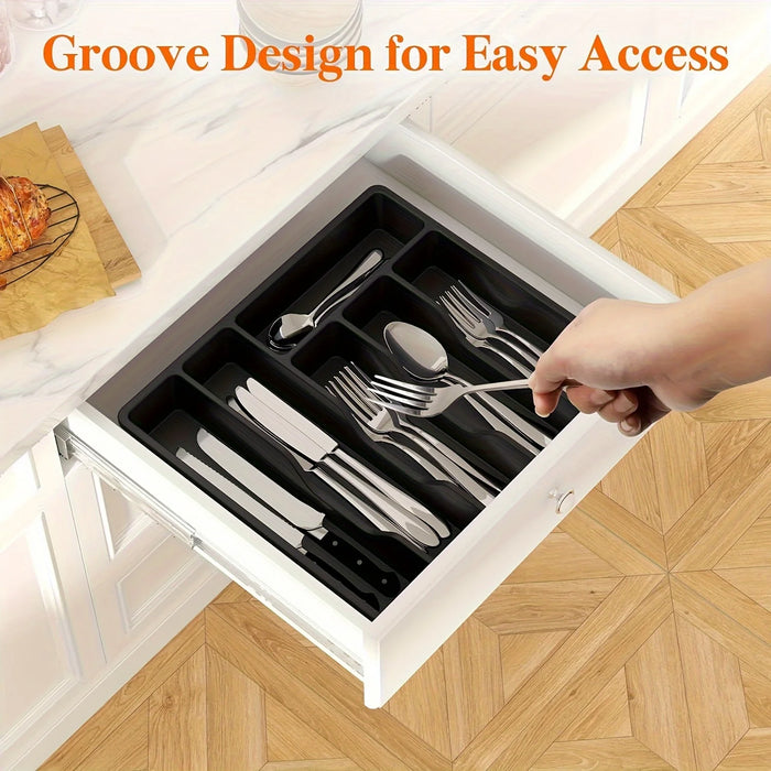 Covered Cutlery Organiser — 6-Compartment Silverware Tray with Washable Lid (PP)