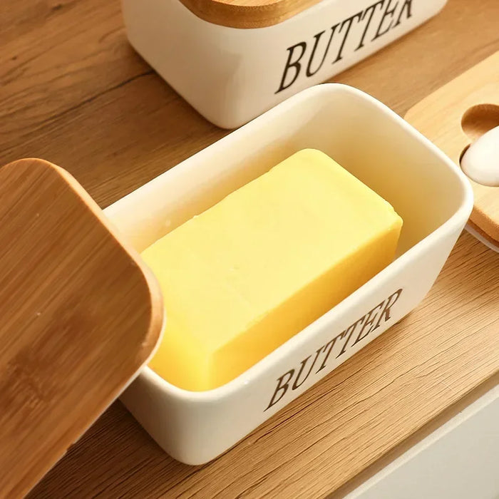 Ceramic Butter Dish with Bamboo Lid & Knife — Square Sealed Butter Box (350/500/650ml)
