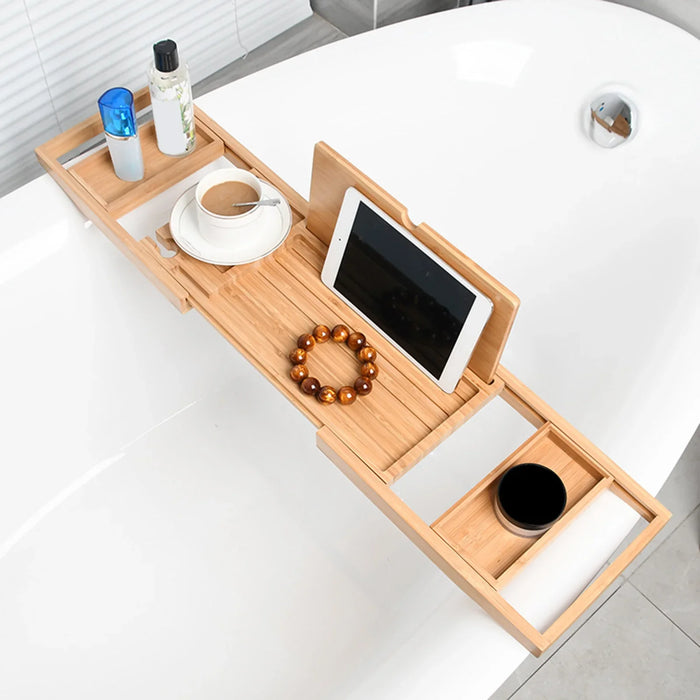 Expandable Luxury Wooden Bathtub Caddy Tray — 60–87cm Adjustable Soap & Tablet Holder