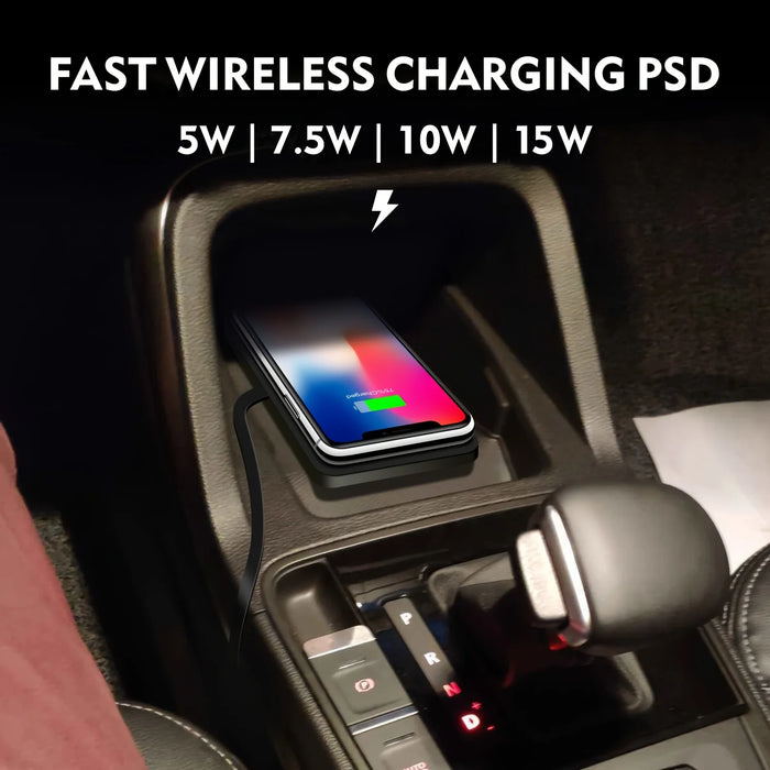 15W Qi Wireless Car Charger Pad with USB — QC3.0 Input, Compatible with iPhone 11–16 & Qi Devices