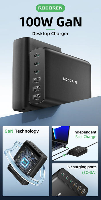 100W GaN 6‑Port Desktop Charger — 3×USB‑C (PD) + 3×USB‑A, 1.5m Cable