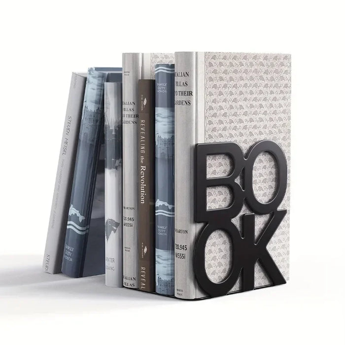 Metal L-Shaped Bookend — Non-Slip Book Support for Home, Office & Library (White/Black)