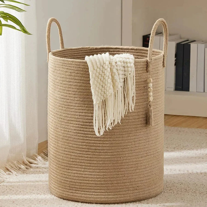 Large Tall Foldable Woven Storage Basket — Cotton-Rope Laundry Hamper