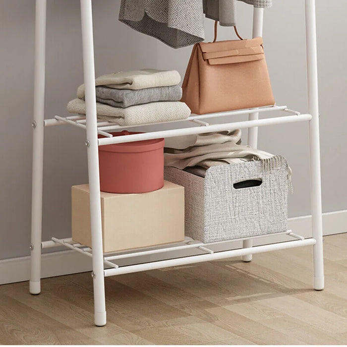 Double Rail Standing Clothes Rack with Mesh & Bottom Shelves — White or Black