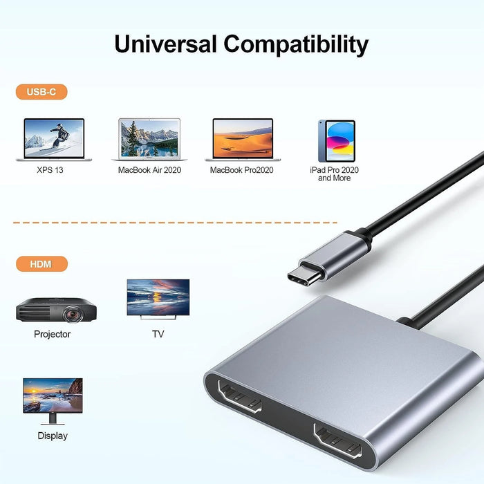 USB‑C to Dual 4K HDMI Adapter — Dual HD Display for Thunderbolt 3/4 & DP Alt Mode Laptops