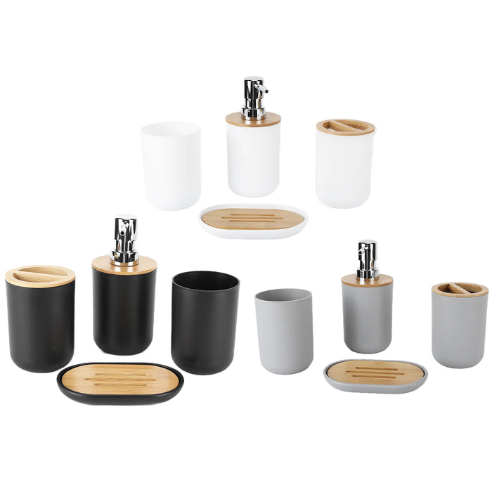 4-piece Bamboo-Accent Bathroom Set — Dispenser, Toothbrush Holder, Tumbler & Soap Dish