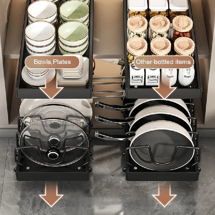 Under-Cabinet Pull-Out Pots & Pans Organiser — Sliding Tray with 8 Adjustable Dividers