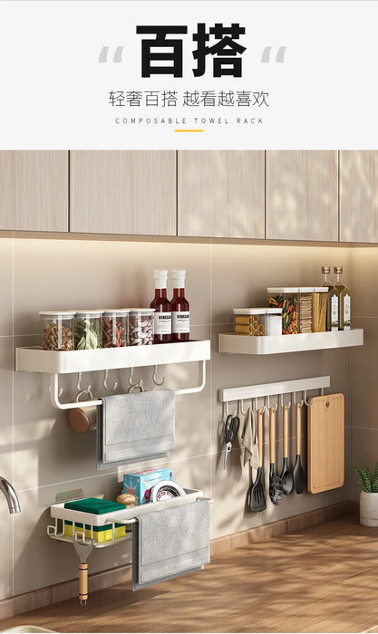 No-Punch Wall-Mounted Kitchen Rack with Movable Hook Spoon Holder — White Aluminium