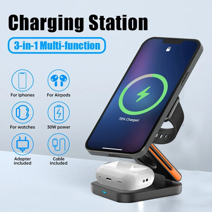 3‑in‑1 Foldable Magnetic Fast Wireless Charger Stand for iPhone 12–17, Apple Watch & AirPods