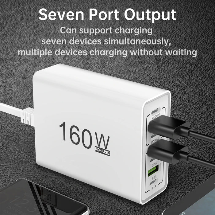 7-in-1 160W USB Charging Station – PD Type-C & USB-A, EU/US Plug, iPhone/Samsung/Xiaomi Compatible