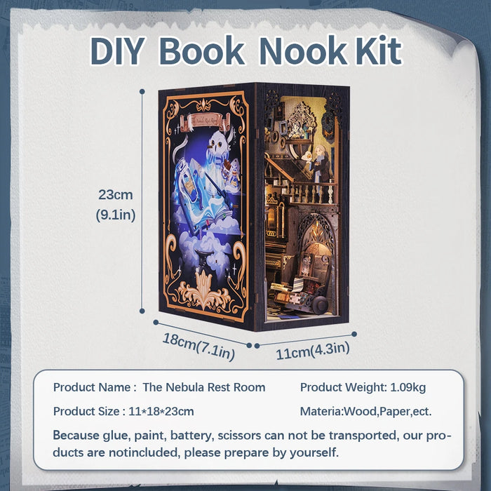 Book Nook Miniature Dollhouse Kit with Touch Light & Dust Cover — Nebula Common Room