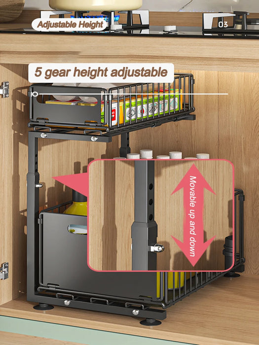 Pull-Out Under-Sink Organiser, 2-Tier Adjustable Sliding Shelf, Black & White