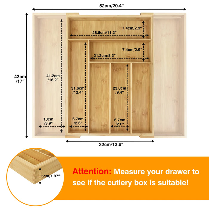 Expandable Bamboo Cutlery Tray – 6–8 Compartment Drawer Organiser (32–52cm)