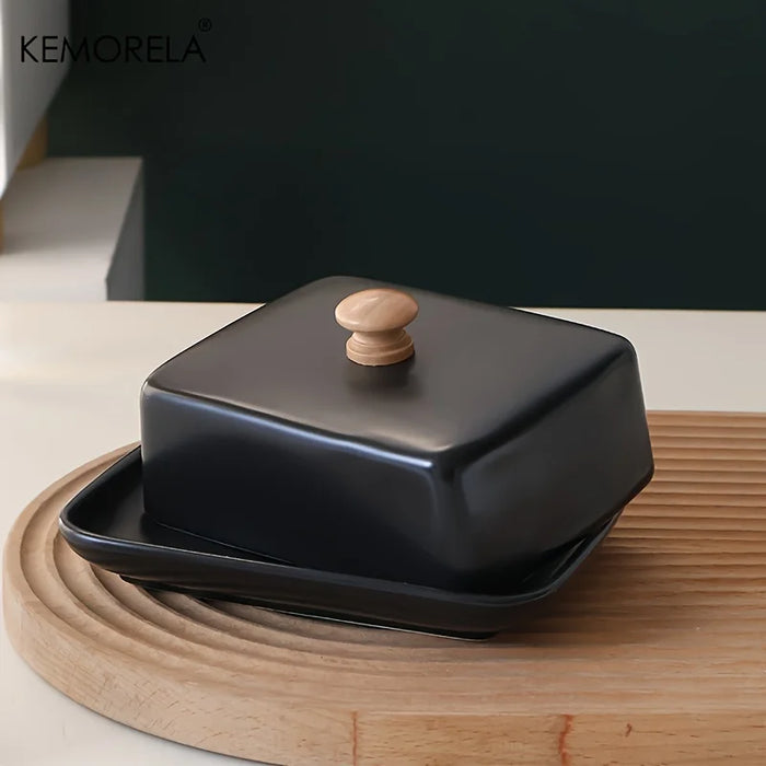 Ceramic Rectangular Butter Dish with Sealable Lid — Cheese Storage, White or Black
